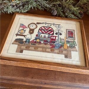 Framed “Great American Railroads” Cross Stitch – Vintage Handmade